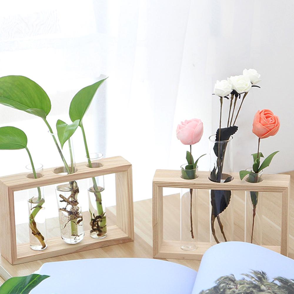 Glass and Wood Vase Planter Terrarium Table Desktop Hydroponics Plant Bonsai Flower Pot Hanging Pots with Wooden Tray Home Decor - Executive-Skincare