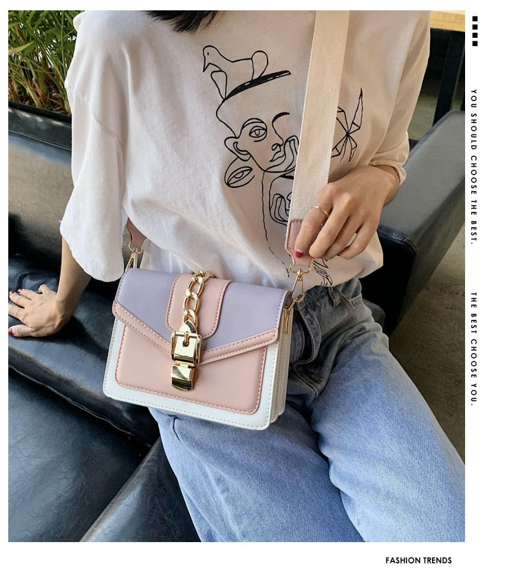 Fashion chain lady Sling bag Panelled color PU Leather Crossbody Bag For Women 2022 new Wide strap Shoulder Messenger Bag Ladies - Executive-Skincare