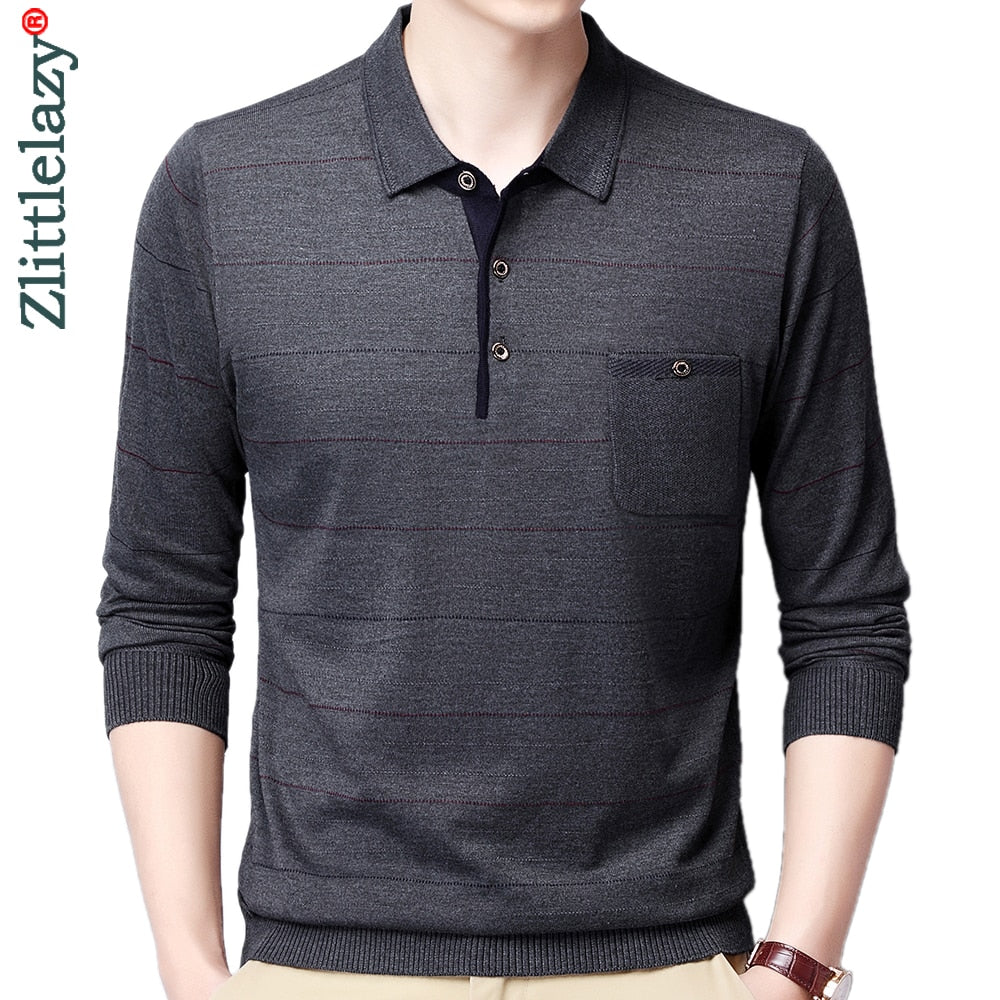 2022 Pocket Long Sleeve Polo Tee Shirt Men Casual Striped Men&#39;s Clothing Polos Shirts Mens Fashion Slim Fit Poloshirt Tops 4600 - Executive-Skincare