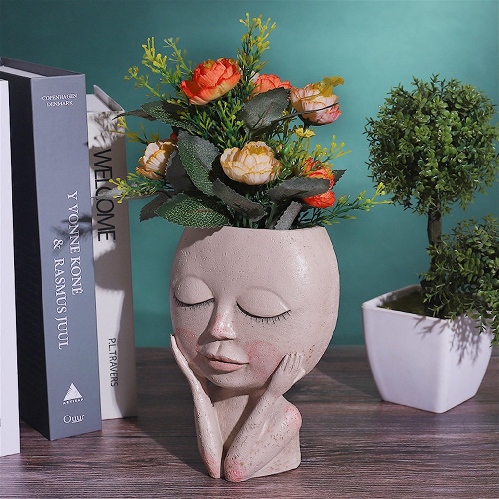 Girls Face Head Flower Planter Succulent Plant Flower Container Pot Flowerpot Figure Garden Decor Nordic Tabletop Ornament H5 - Executive-Skincare