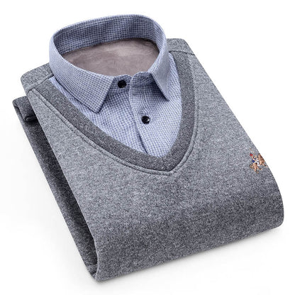 Aoliwen Men&#39;s Winter Warm Shirt Sweater Cardigan Shirt collar cardigan combination Cashmere Flannel Men home service dress shirt - Executive-Skincare