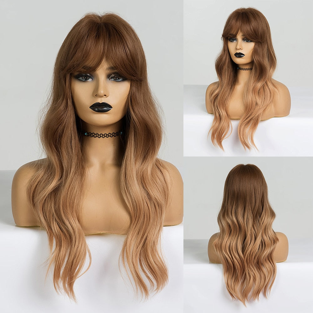 GEMMA Long Wavy Wigs with Bangs Black Brown Ombre Synthetic Heat Resistant Wigs For Women Girls Cosplay Party Daily False Hair - Executive-Skincare