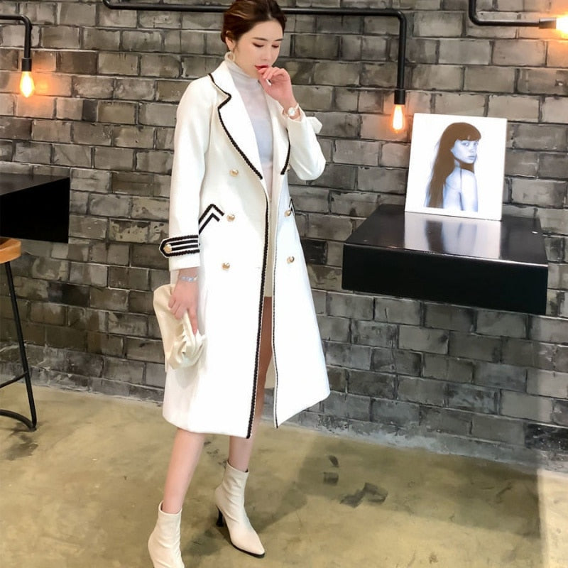 Korean Fashion Wool Coat Women Autumn Winter Thick Warm V-Neck Belt Long Overcoat Office Lady Elegant Slim High Quality Outwear - Executive-Skincare