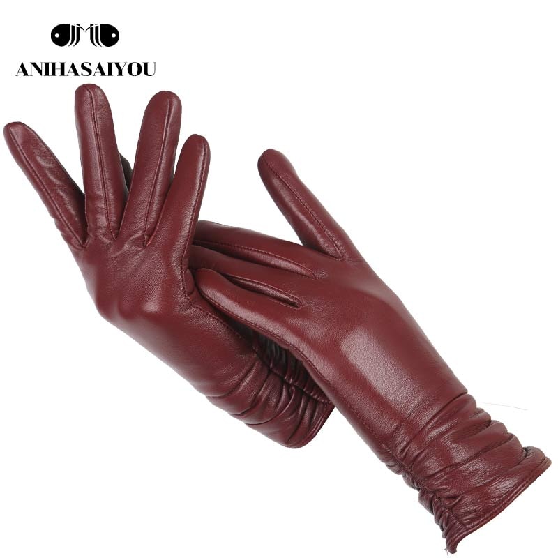 Classic pleated leather gloves women color real leather gloves women sheepskin Genuine Leather winter gloves women-2081 - Executive-Skincare