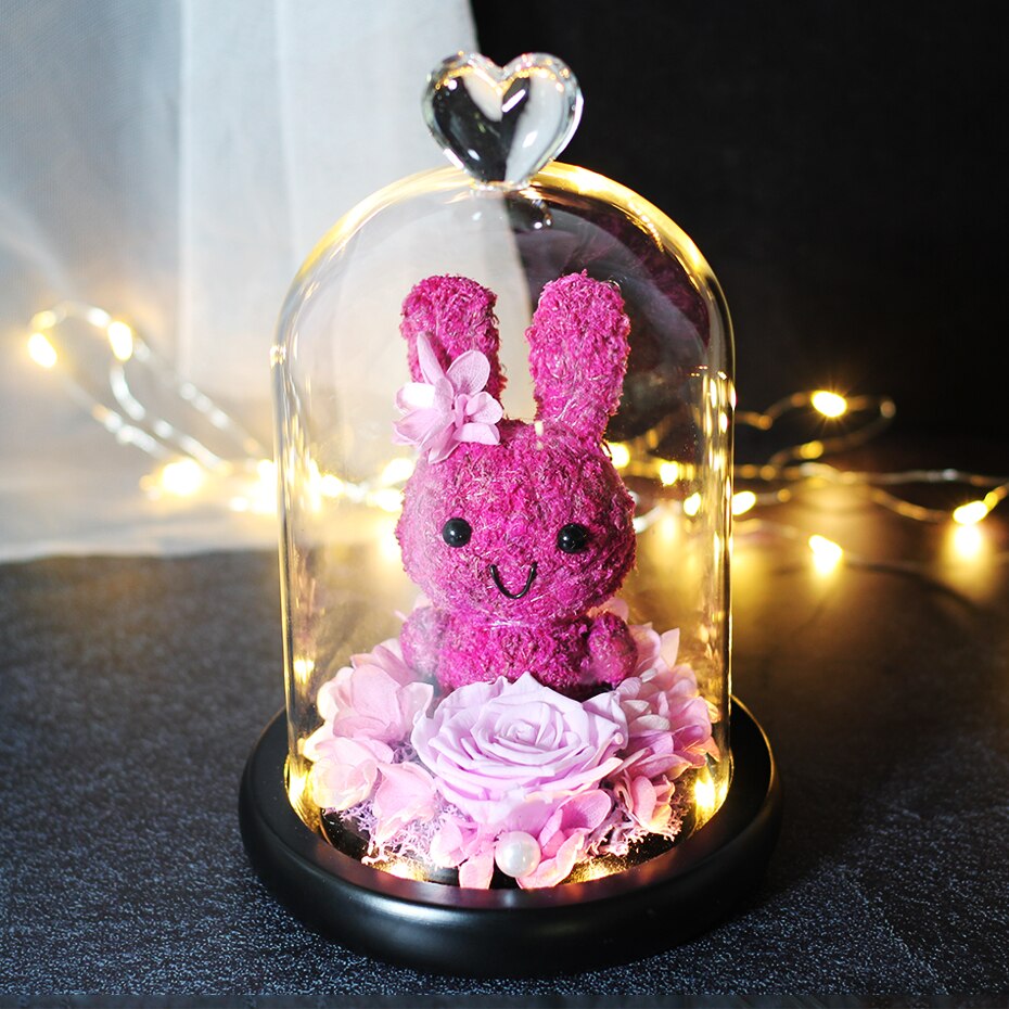 The Beautiful and the Beast Teddy Bear Rose Decor Natural Dried Flowers In Glass Dome LED Mother&#39;s Valentine&#39;s Day Wedding Gift - Executive-Skincare