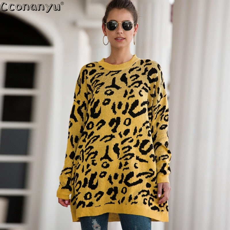 2019 Autumn winter clothing ladies long sweater fashion womens loose pullovers and sweaters leopard print knitted sweater - Executive-Skincare