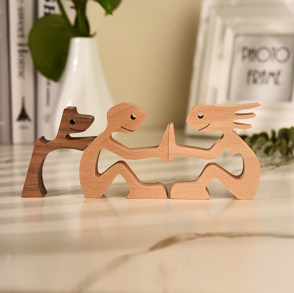 Family Puppy Wood Dog Craft Figurine Desktop Table Ornament Carving Model Home Office Decoration Pet Sculpture Christmas Gift - Executive-Skincare