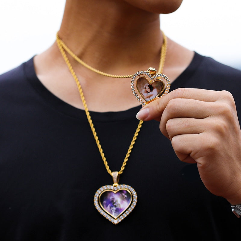 D&amp;Z Custom Made Photo Rotating Heart Shape Double-sided Pendant Necklace 4mm Tennis Chain Zircon Men&#39;s Hip hop Jewelry - Executive-Skincare