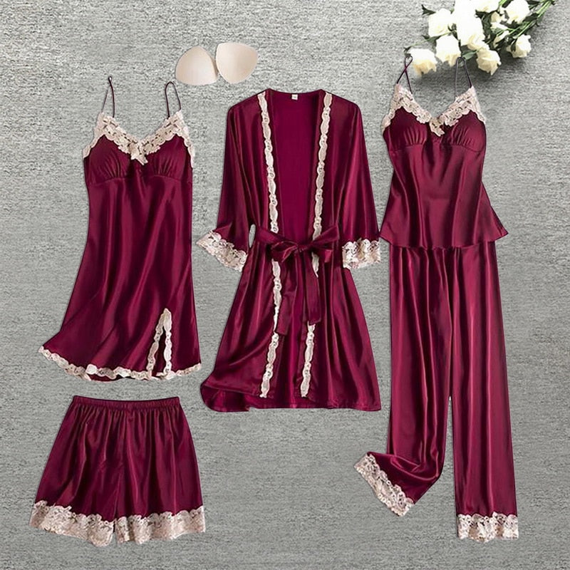 5pcs Silk Robe Set Women Lace Pajamas Gown Set V-Neck Nighties Wear Home Nightwear Pijama Sleepsuit Spring Nightdress