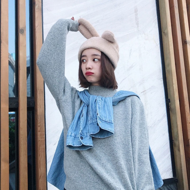 Draping rabbit ears rabbit fur hat women autumn and winter knitted wool hat winter warm Korean version of Japanese hat - Executive-Skincare