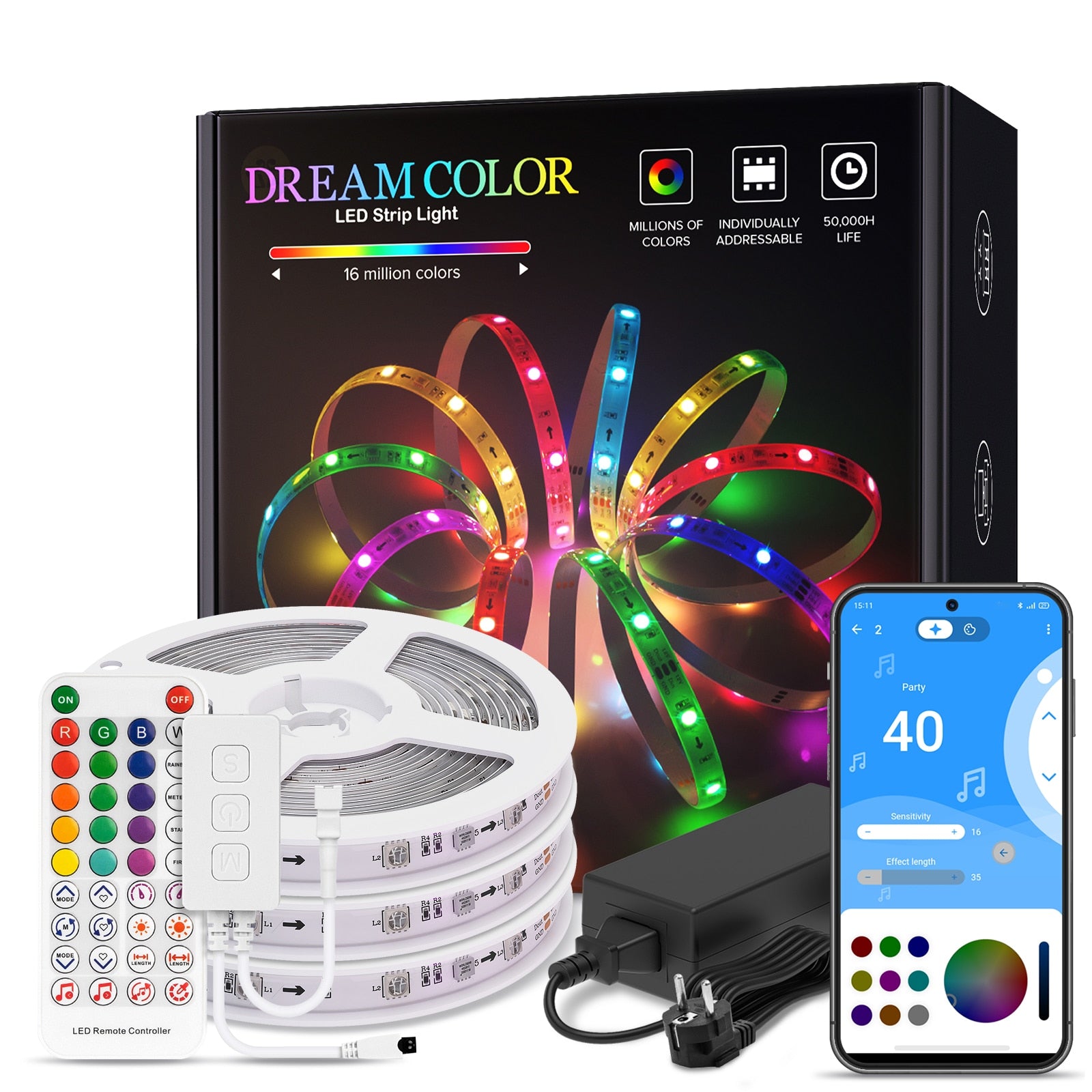 Dreamcolor LED Light Strip Bluetooth Music APP Control WS2811 WS2812B RGBIC Flexible Led Strip Room Bedroom Party Kitchen 5m-20m - Executive-Skincare