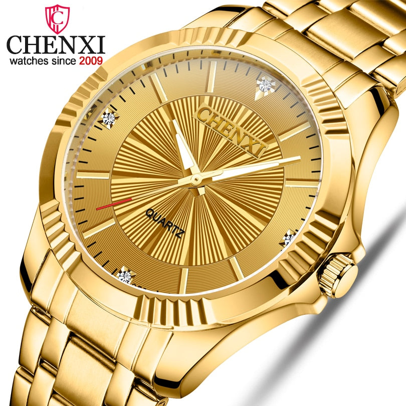 CHENXI Brand Classic Delicate Rhinestone Couple Lover Watches Fashion Luxury Gold Stainless Steel Men&amp;Women Watch Orologi Coppia - Executive-Skincare