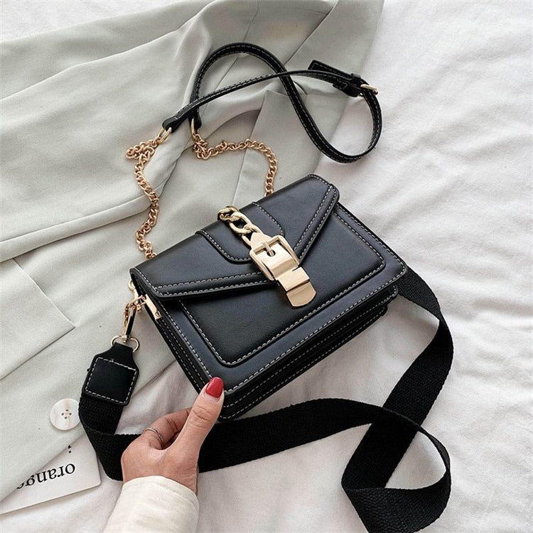 Fashion chain lady Sling bag Panelled color PU Leather Crossbody Bag For Women 2022 new Wide strap Shoulder Messenger Bag Ladies - Executive-Skincare