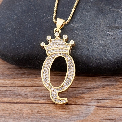 Nidin New Luxury Copper Zircon A-Z Crown Alphabet Pendant Chain Necklace Hip-Hop Style Fashion Woman Man Initial Name Jewelry - Executive-Skincare