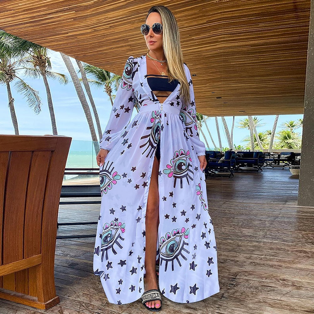 Leaves Print Bikini Beach Cover up Tunics for Beach Long Kaftan Bikini Cover up Robe de Plage Sarong Beach Swimsuit cover-ups - Executive-Skincare