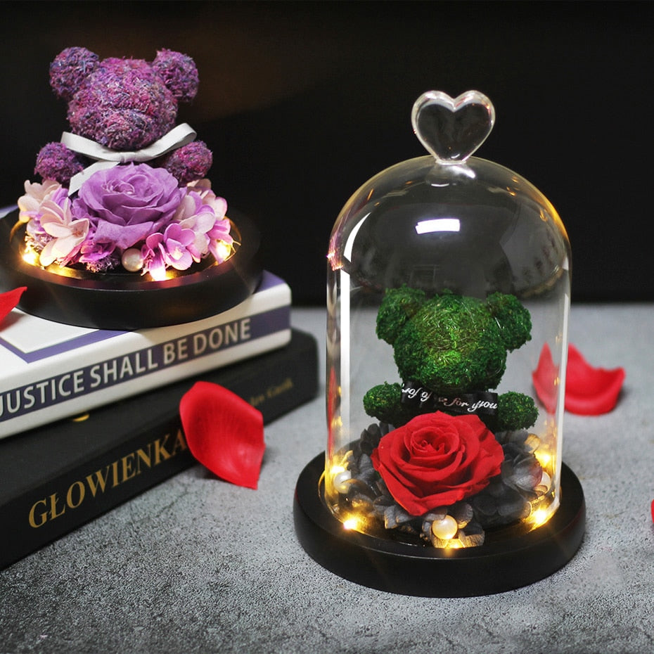 The Beautiful and the Beast Teddy Bear Rose Decor Natural Dried Flowers In Glass Dome LED Mother&#39;s Valentine&#39;s Day Wedding Gift - Executive-Skincare