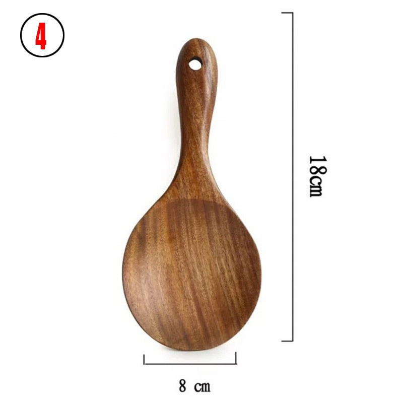 7pcs/set Teak Natural Wood Tableware Spoon Ladle Turner Rice Colander Soup Skimmer Cooking Spoon Scoop Kitchen Reusable Tool Kit - Executive-Skincare