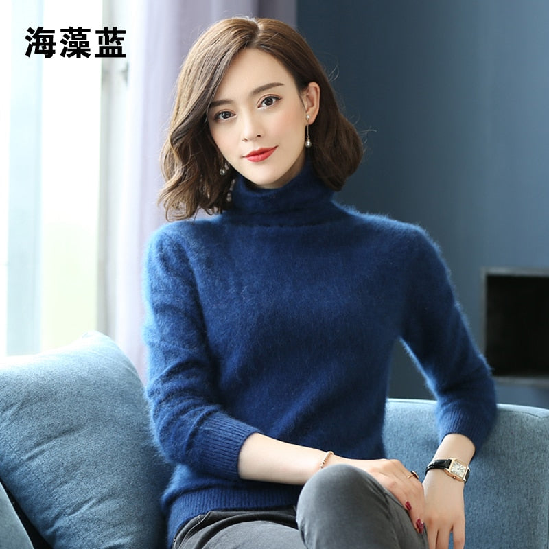 Autumn Winter Women Turtleneck Pullover 100% Pure Mink Cashmere Sweaters Knitted Soft Warm Girl Clothes S-2XL 13 Colors Jumpers - Executive-Skincare