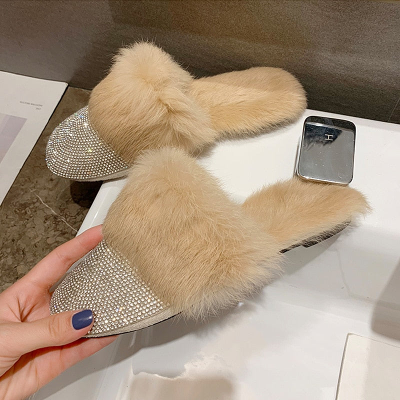 Big Size Slippers Female Ladies Designer Shoes Women Luxury 2023 Rhinestone Fur Crystal Slides Mules Slippers Furry Lady Shoes - Executive-Skincare