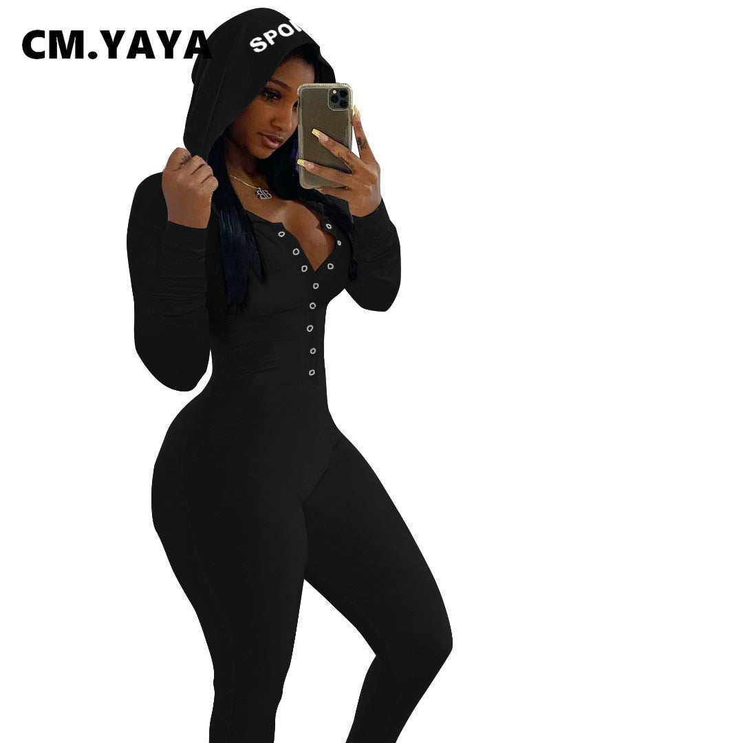 CM.YAYA Hooded Letter Print Button Solid Jumpsuits for Women Winter Leisure Wear Full Sleeve Sheath Skinny Elastic Jumpsuit Warm - Executive Quality Store