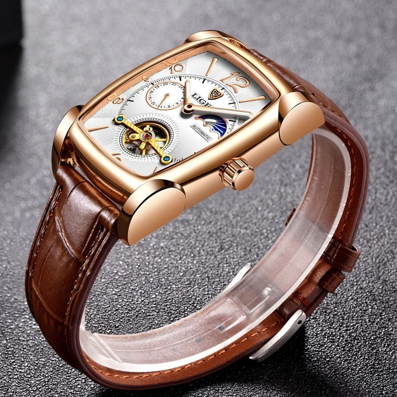 LIGE Top Brand Luxury Mens Watches Square Automatic Watch for Men Tourbillon Clock Genuine Leather Waterproof Mechanical Watch - Executive-Skincare