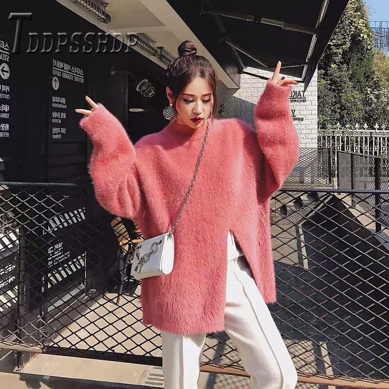 2019 Winter Imitation Mink Hair Women Sweater Thick Knitting Slit Pullover Female Sweaters - Executive-Skincare