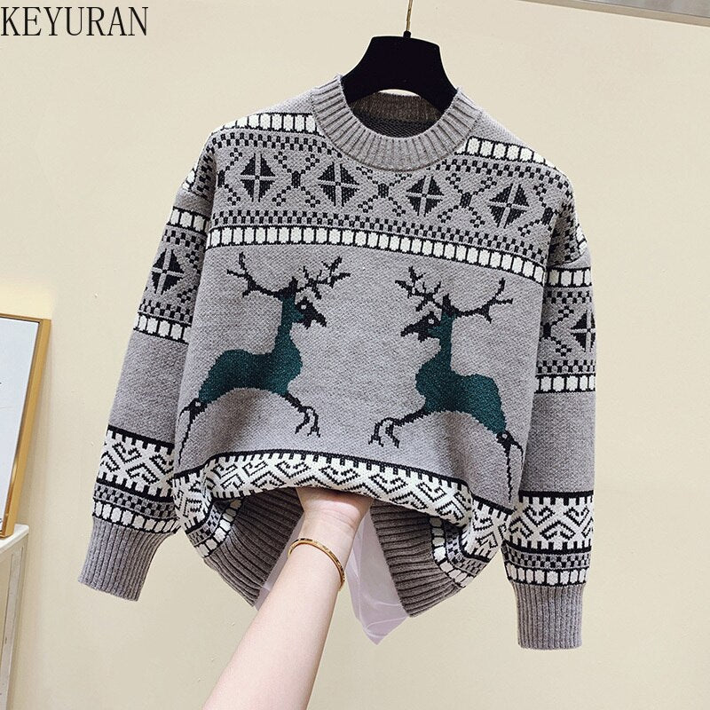 Vintage Jacquard Christmas Sweater Women Pullover Autumn O Neck Long Sleeve Loose Reindeer Print Knitted Jumpers Female Tops - Executive-Skincare