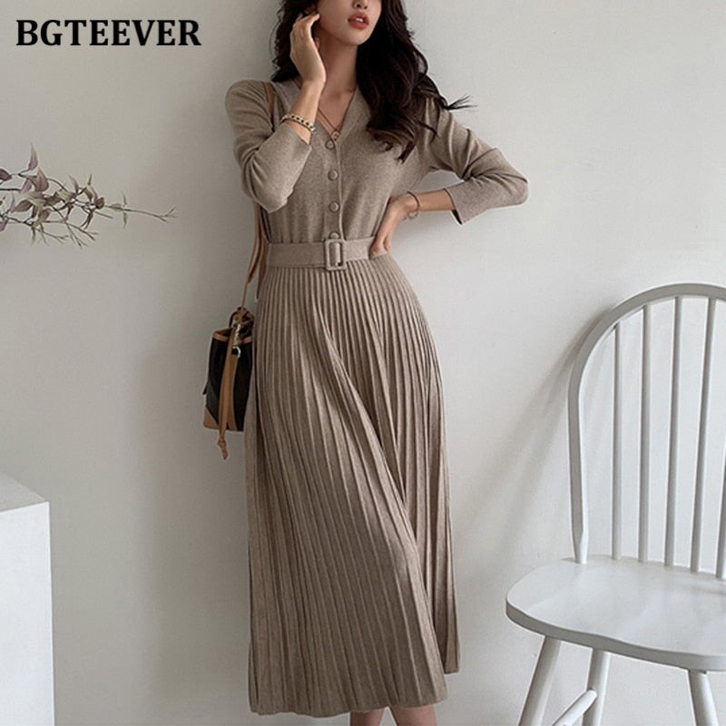 BGTEEVER Elegant V-neck Single-breasted Women Thicken Sweater Dress 2021 Autumn Winter Knitted Belted Female A-line soft dresses - Executive-Skincare