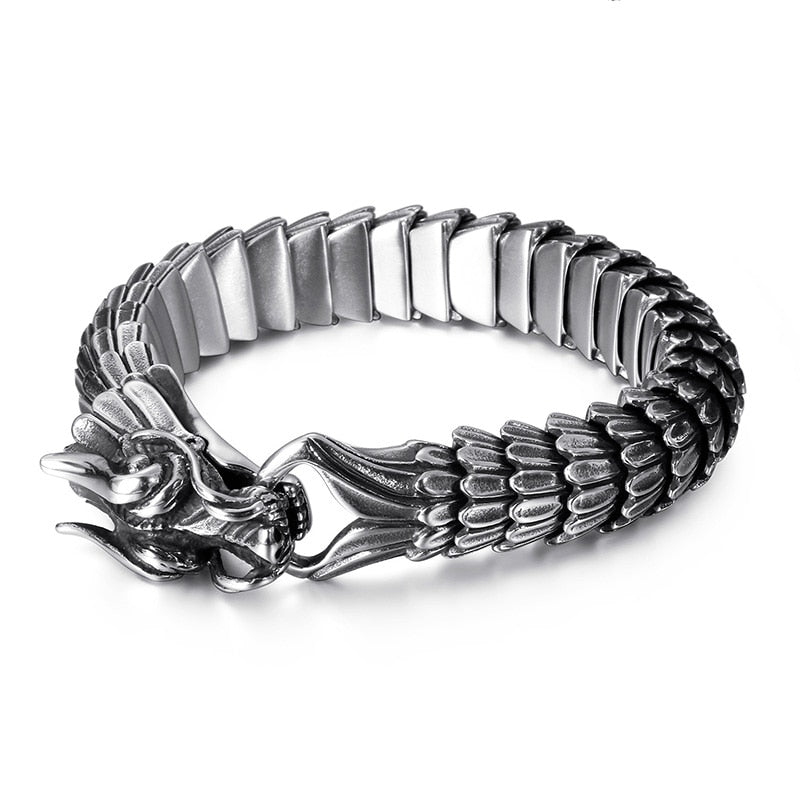 KALEN Punk Animal Dragon Charm Bracelet Men Stainless Steel MatteShiny China Dragon Blessing Bracelet Amulet Bangle Jewelry - Executive-Skincare