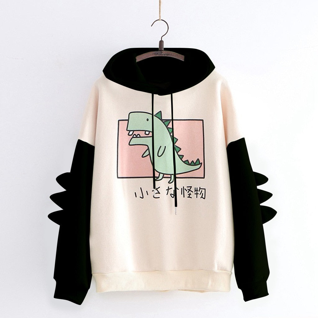 Winter dino hoodie Tops Dinosaur Oversized Cartoon Hoodie Women Fashion Sweatshirt Casual Print Korean Style Thicken Sweatshirt - Executive-Skincare