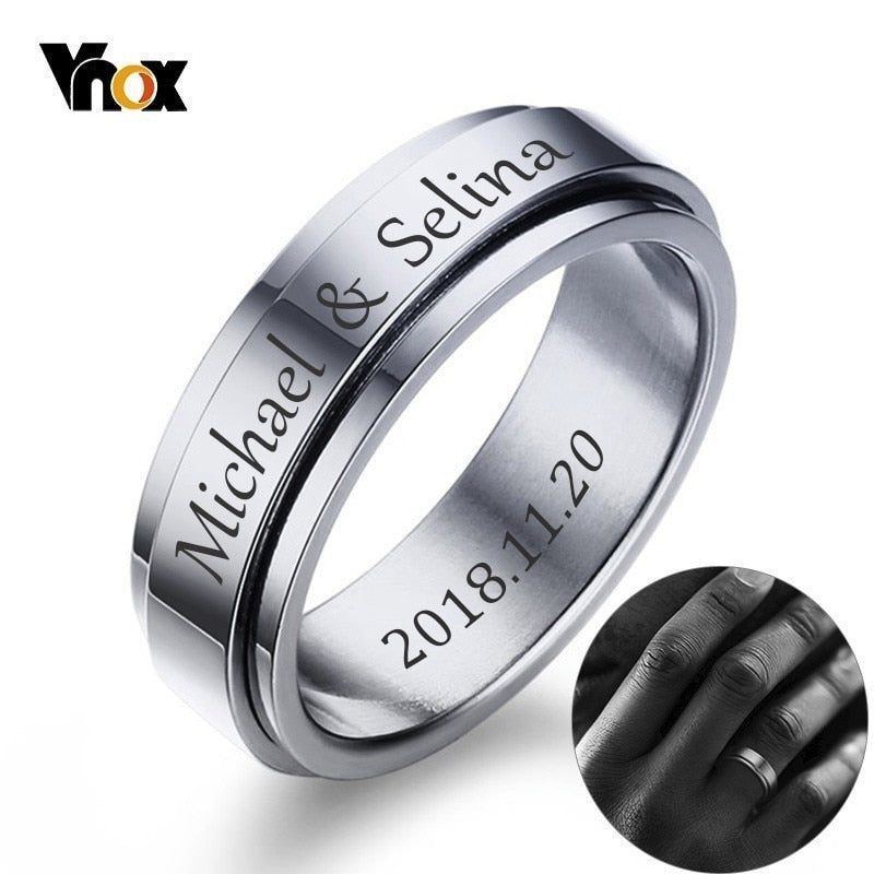 Vnox Personalized Spinner Ring for Men Women 6mm Stainless Steel Rotatable Wedding Band Custom Name Date Initial Male Tail Ring - Executive-Skincare