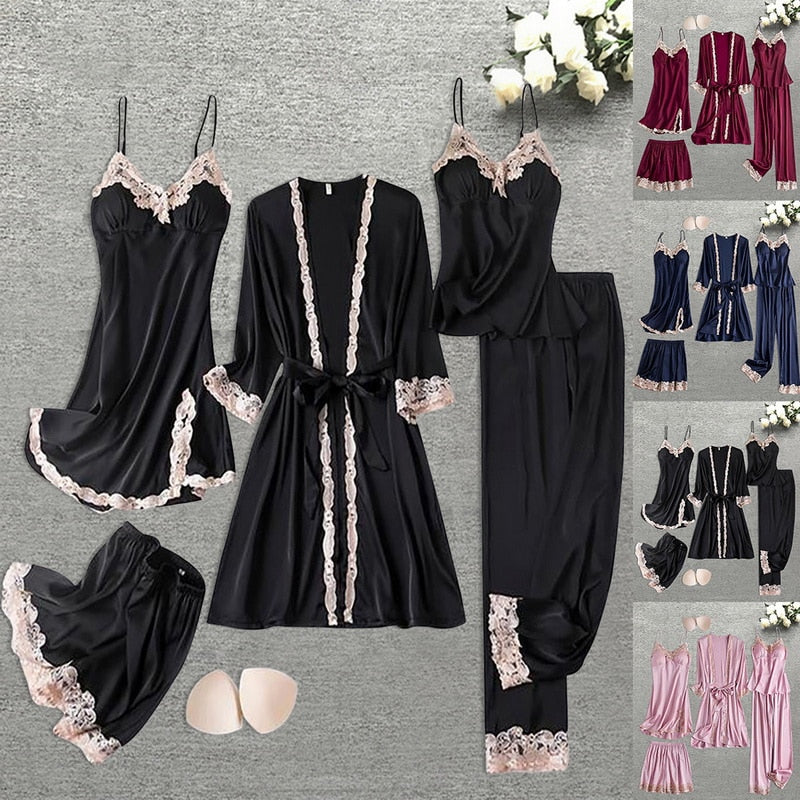 5pcs Silk Robe Set Women Lace Pajamas Gown Set V-Neck Nighties Wear Home Nightwear Pijama Sleepsuit Spring Nightdress