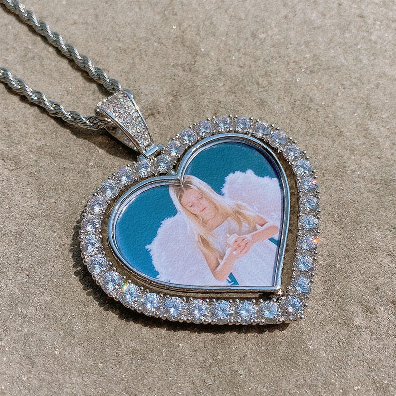 D&amp;Z Custom Made Photo Rotating Heart Shape Double-sided Pendant Necklace 4mm Tennis Chain Zircon Men&#39;s Hip hop Jewelry - Executive-Skincare