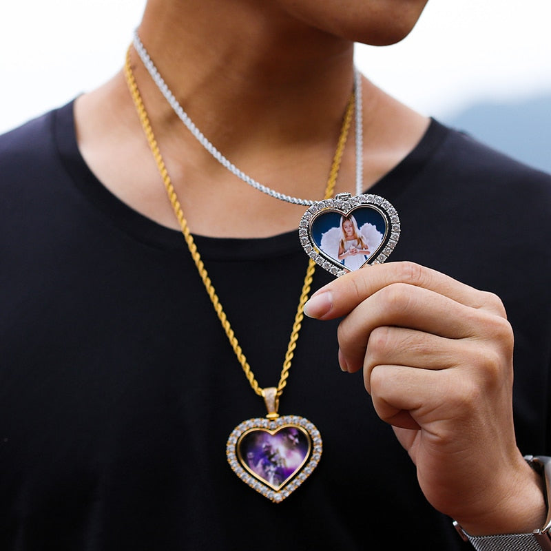 D&amp;Z Custom Made Photo Rotating Heart Shape Double-sided Pendant Necklace 4mm Tennis Chain Zircon Men&#39;s Hip hop Jewelry - Executive-Skincare