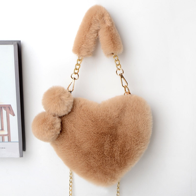 2021 Faux Fur Women Handbags Heart Shaped Shoulder Bag Female Clutch Purse Chain Messenger Bag Plush Shoulder Crossbody Bag - Executive-Skincare