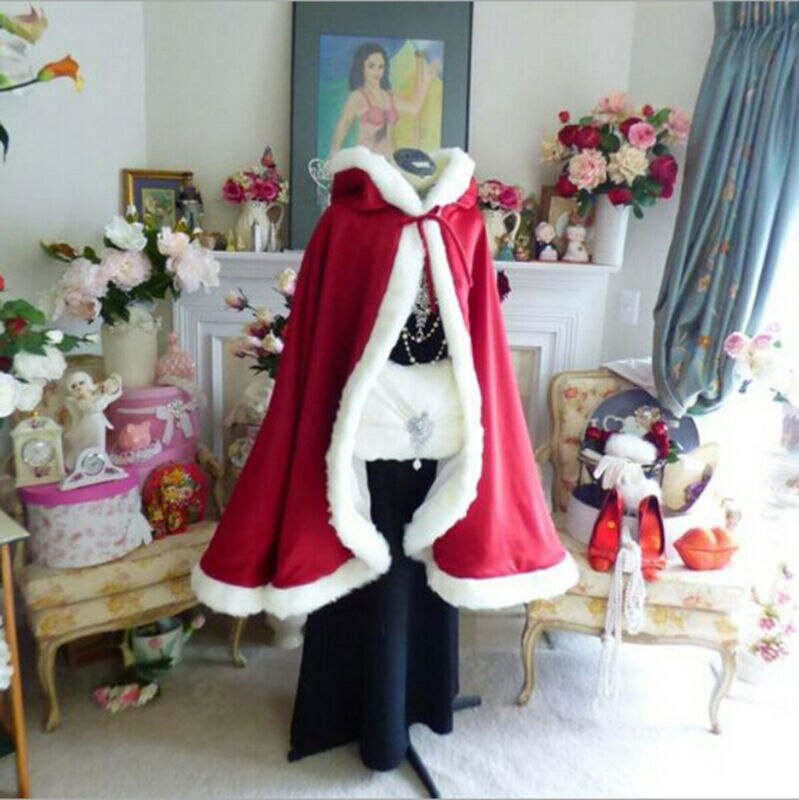 Womens Fur Trim Christmas Santa Claus Cloak Xmas Costume Red Bridal Cape Cloak Ladies Dress Cape Winter Wedding Hooded Clock - Executive-Skincare