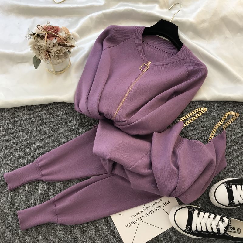 Women Zipper Knitted Cardigans Sweaters + Pants Sets + Vest Woman Fashion Jumpers Trousers 2 PCS Costumes Outfit - Executive-Skincare