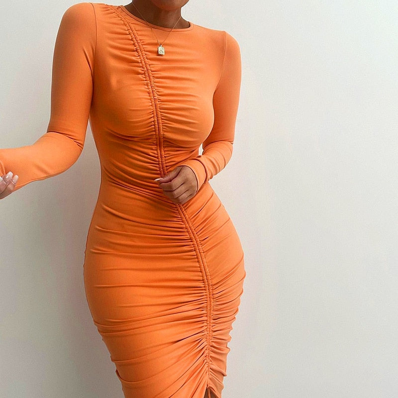 CNYISHE Autumn Women Going Out Dress Fashion Drawstring Ruched Dresses Women Neon Orange O-neck Long Sleeve Midi Dress Vestidos - Executive-Skincare