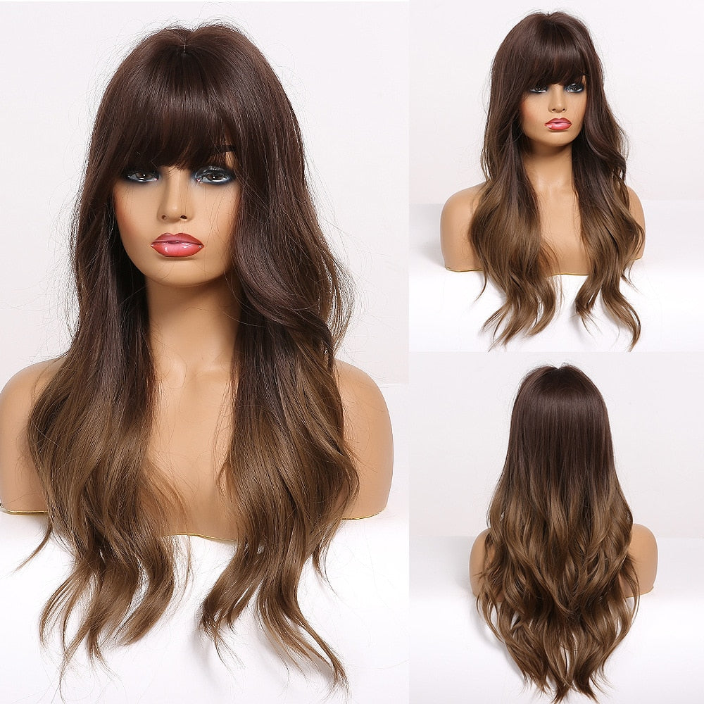 GEMMA Long Wavy Wigs with Bangs Black Brown Ombre Synthetic Heat Resistant Wigs For Women Girls Cosplay Party Daily False Hair - Executive-Skincare