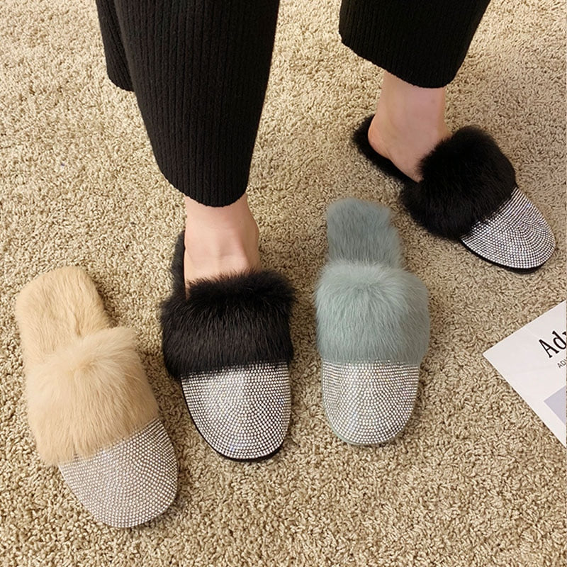 Big Size Slippers Female Ladies Designer Shoes Women Luxury 2023 Rhinestone Fur Crystal Slides Mules Slippers Furry Lady Shoes - Executive-Skincare