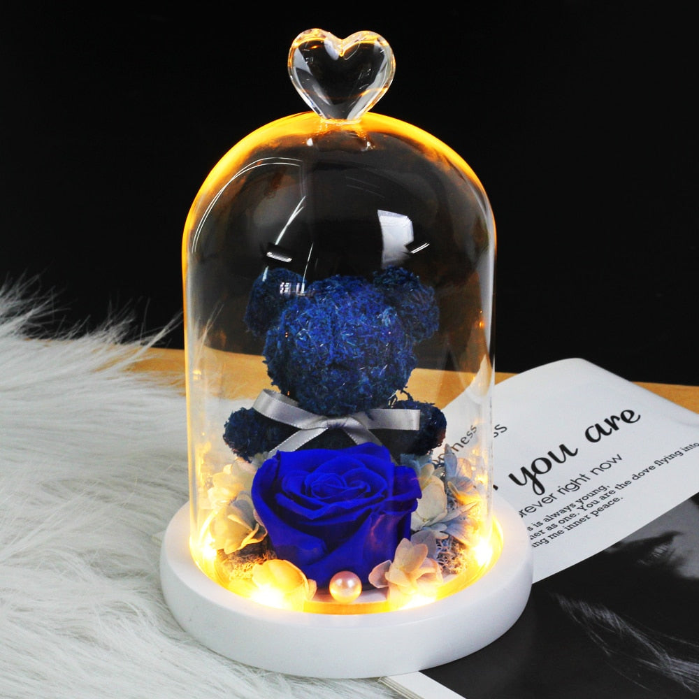 The Beautiful and the Beast Teddy Bear Rose Decor Natural Dried Flowers In Glass Dome LED Mother&#39;s Valentine&#39;s Day Wedding Gift - Executive-Skincare