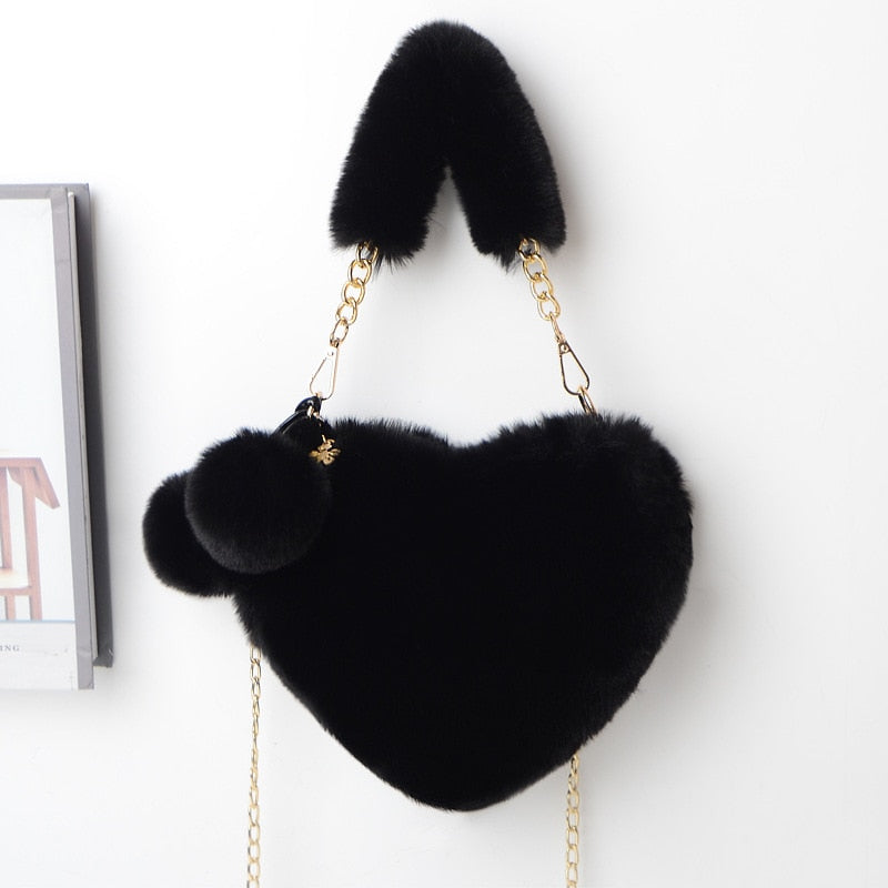 2021 Faux Fur Women Handbags Heart Shaped Shoulder Bag Female Clutch Purse Chain Messenger Bag Plush Shoulder Crossbody Bag - Executive-Skincare