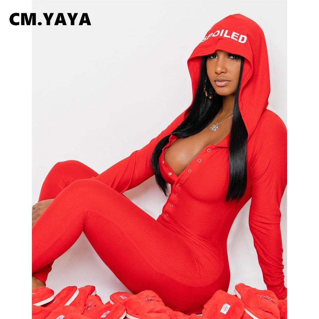 CM.YAYA Hooded Letter Print Button Solid Jumpsuits for Women Winter Leisure Wear Full Sleeve Sheath Skinny Elastic Jumpsuit Warm - Executive Quality Store