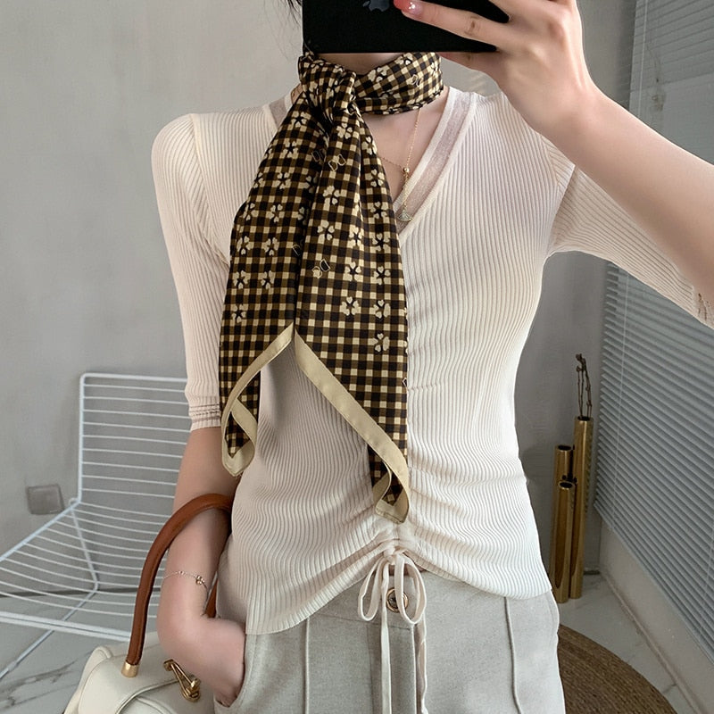 Expensive Brand 2022 New 90x90CM Luxury Lattice Geometric Silk Scarf Women's Retro F Print Fashion Square Bandana Headscarf Tie - Executive-Skincare