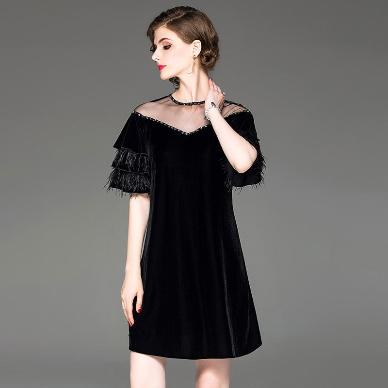 Autumn new women beaded mesh round neck velvet dress ostrich feather lotus leaf sleeve dresses - Executive-Skincare