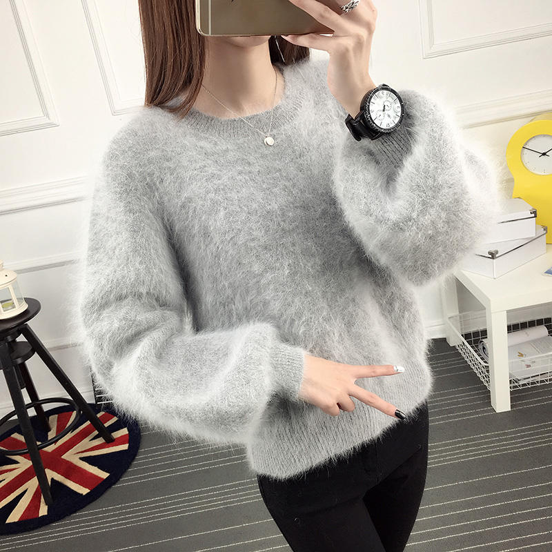 Autumn Winter Lantern Sleeve Faux Mink Cashmere Pullover Knitted Sweater Women Warm Plush Women Sweater Thicken Pullovers C5718 - Executive-Skincare