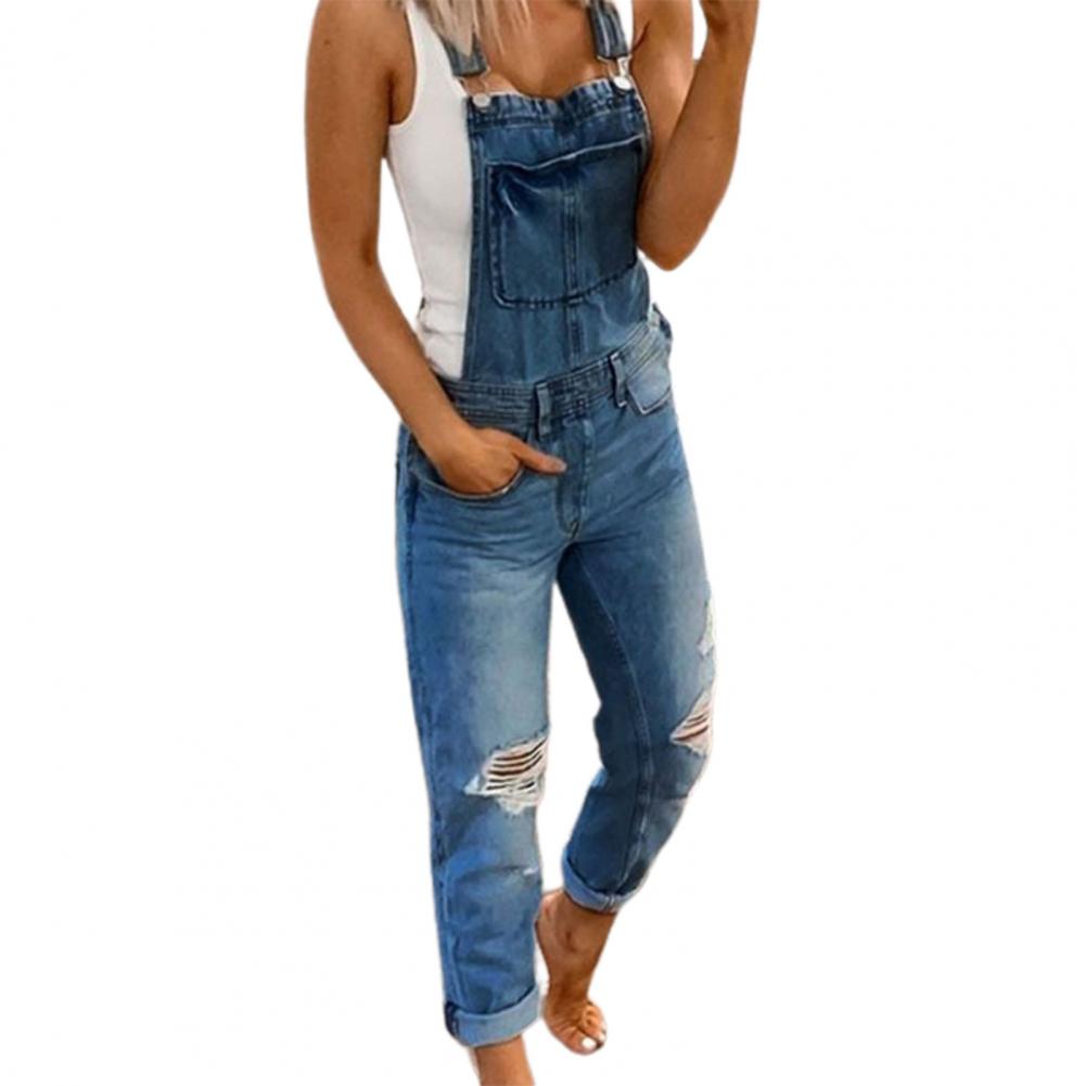 Women&#39;s Jumpsuit Solid Color Slim Dungarees Women Sleeveless Pockets Ripped Holes Suspender Trousers Summer Casual Overalls 2021 - Executive Quality Store