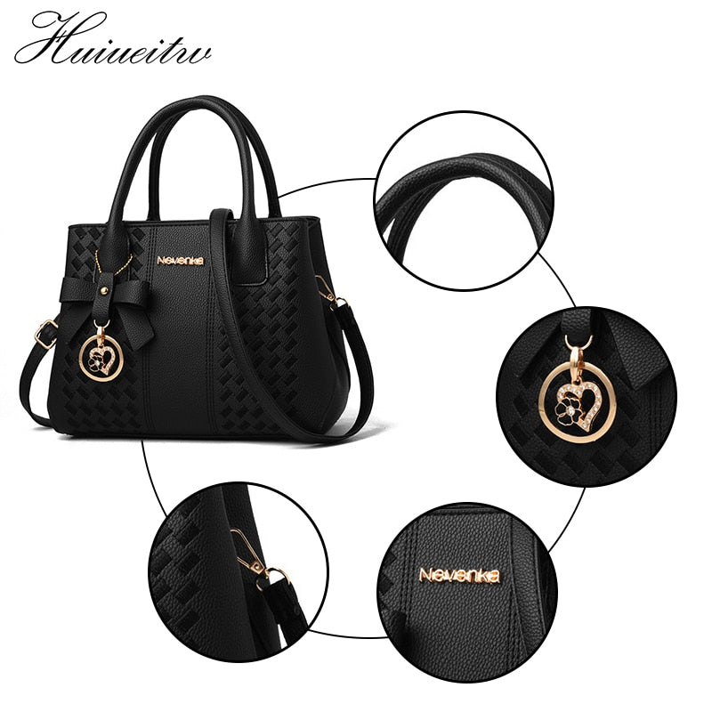 HUIUEITW Fashion Women Handbags PU Leather Totes Bag Top-handle Embroidery Crossbody Shoulder Bag Lady Simple Style Hand Bags - Executive-Skincare