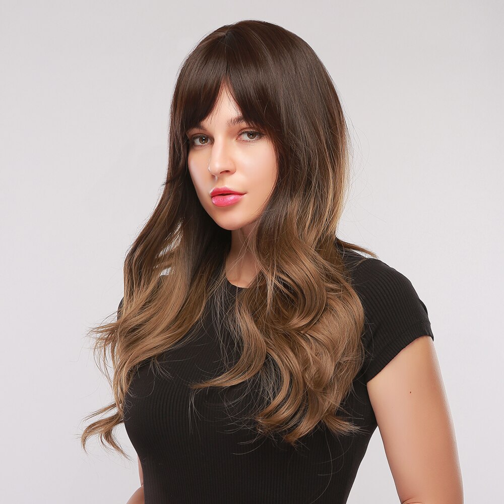 GEMMA Long Wavy Wigs with Bangs Black Brown Ombre Synthetic Heat Resistant Wigs For Women Girls Cosplay Party Daily False Hair - Executive-Skincare