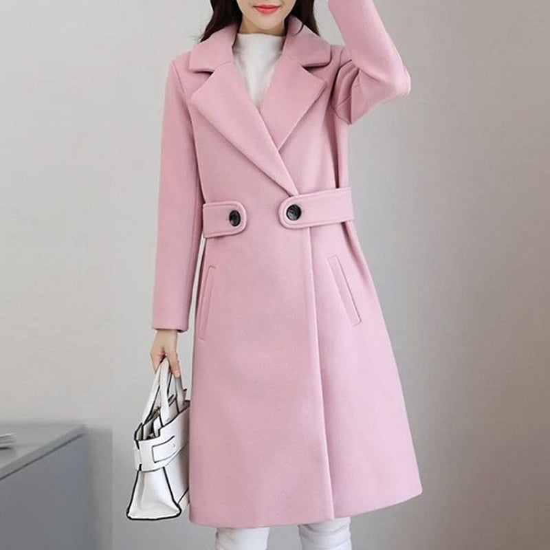 Autumn Winter New Women Warm Wool Coats with Belt Fashion Turn Down Collar Long Overcoat 2022 Female Solid Chic Outwear jackets - Executive-Skincare